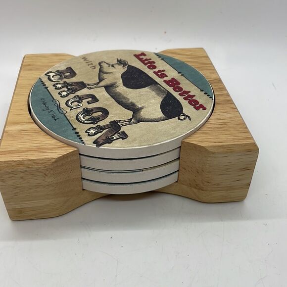New CounterArt Absorbent Coaster Set (4) Pig  with Wood Holder 4" square Gift - Picture 6 of 8